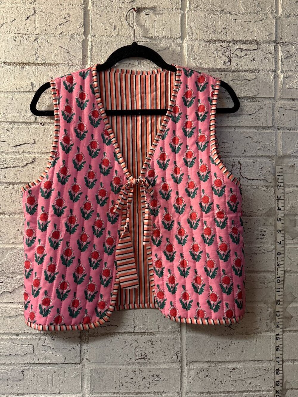 Pink Floral Block Print Reversible Quilted Tie Front Vest Cottagecore Boho
